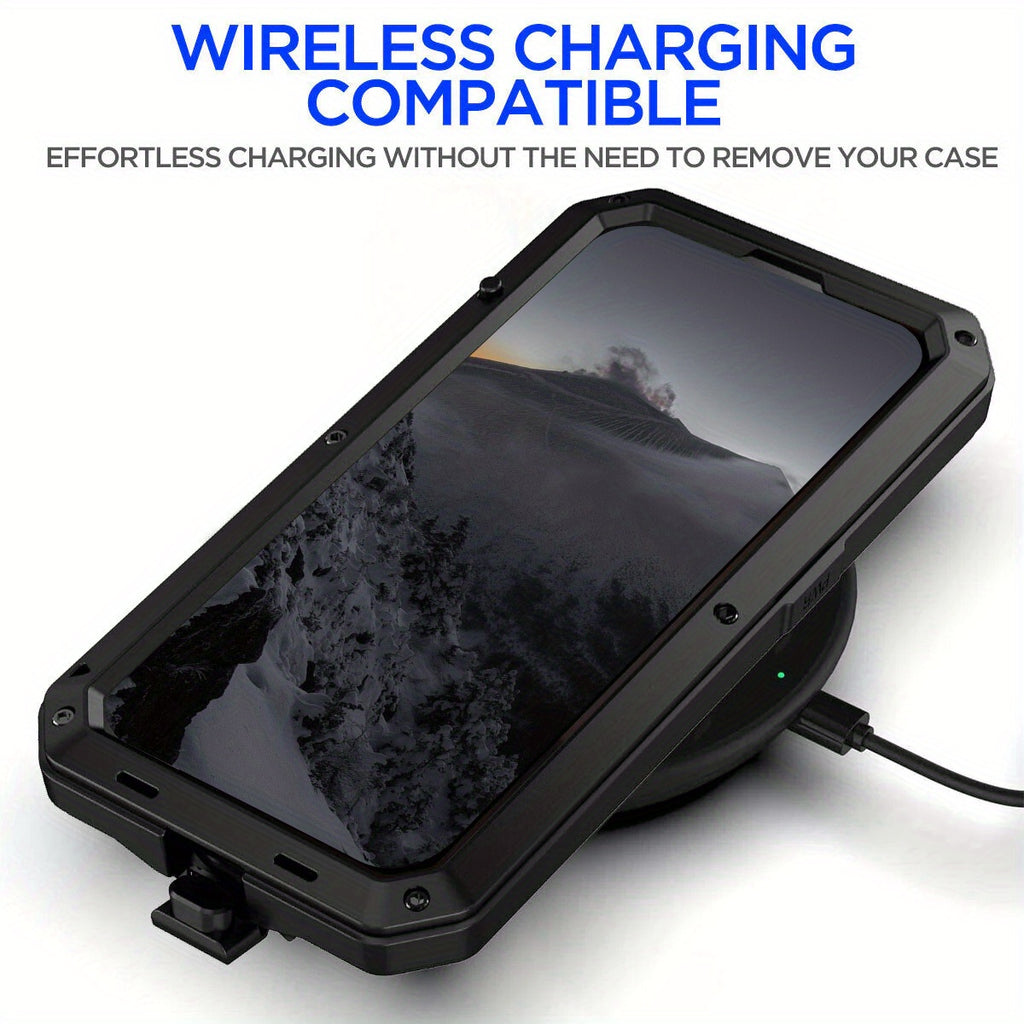 Metal Case, Heavy Duty Shockproof Tough Rugged Case with Built-in Glass Screen Protector, 360 Full Body DustProof Protective Cover for iPhone 15/14/13/12/11 Pro Max/15 Plus/14 Plus/12 Mini/13 Mini/XR/XS Max/X/XS/SE 2022/SE 20