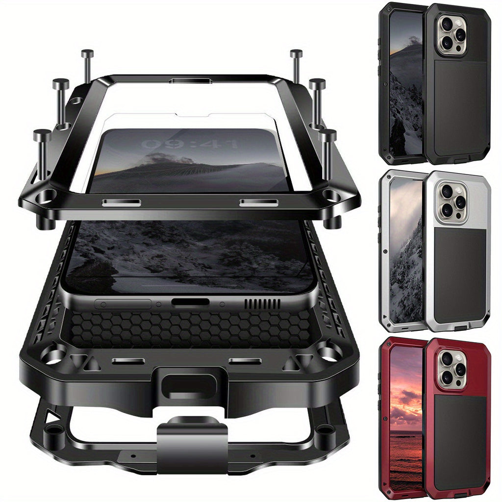 Metal Case, Heavy Duty Shockproof Tough Rugged Case with Built-in Glass Screen Protector, 360 Full Body DustProof Protective Cover for iPhone 15/14/13/12/11 Pro Max/15 Plus/14 Plus/12 Mini/13 Mini/XR/XS Max/X/XS/SE 2022/SE 20