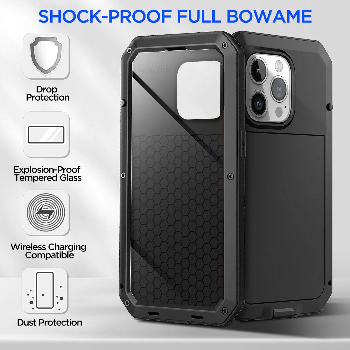 Metal Case, Heavy Duty Shockproof Tough Rugged Case with Built-in Glass Screen Protector, 360 Full Body DustProof Protective Cover for iPhone 15/14/13/12/11 Pro Max/15 Plus/14 Plus/12 Mini/13 Mini/XR/XS Max/X/XS/SE 2022/SE 20