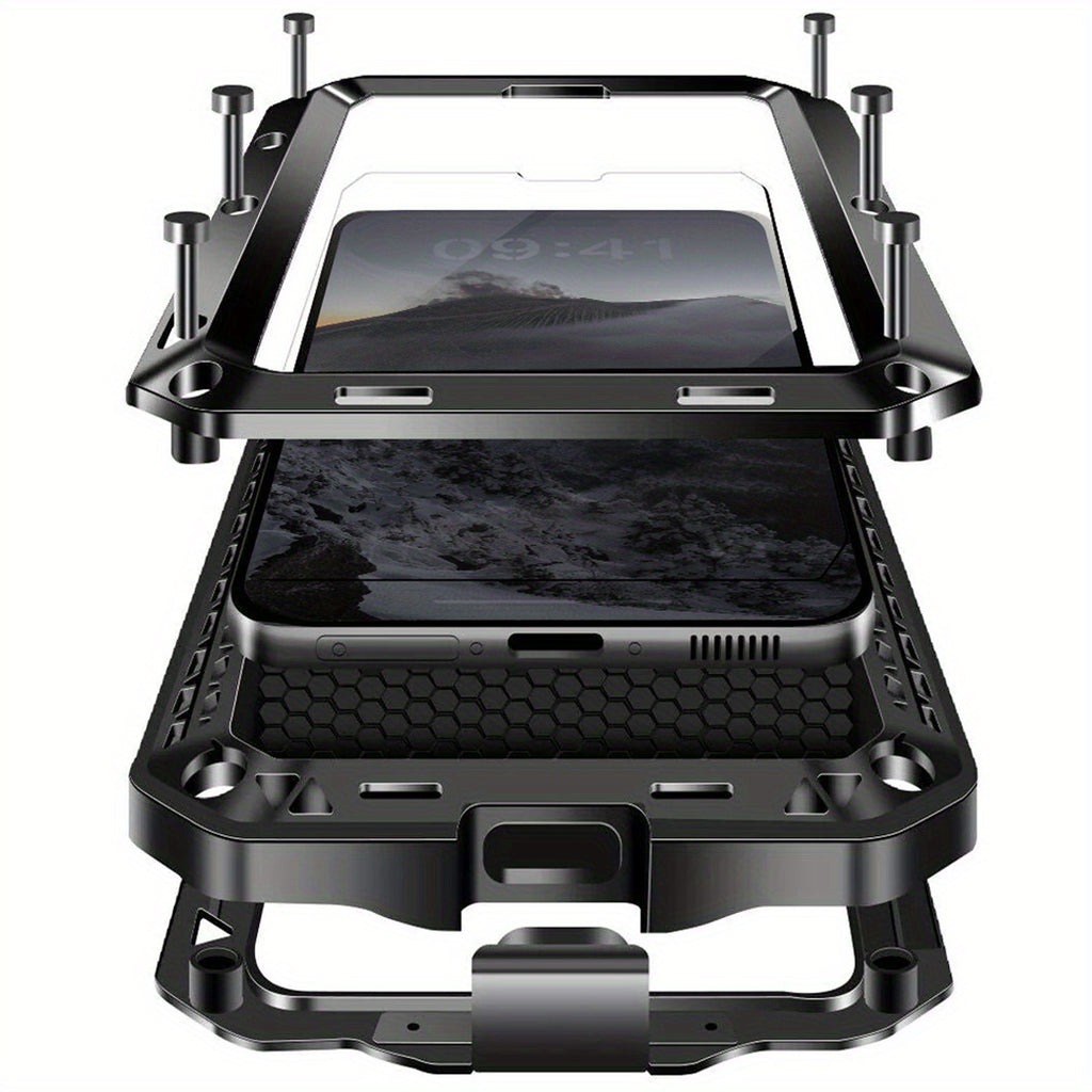 Metal Case, Heavy Duty Shockproof Tough Rugged Case with Built-in Glass Screen Protector, 360 Full Body DustProof Protective Cover for iPhone 15/14/13/12/11 Pro Max/15 Plus/14 Plus/12 Mini/13 Mini/XR/XS Max/X/XS/SE 2022/SE 20